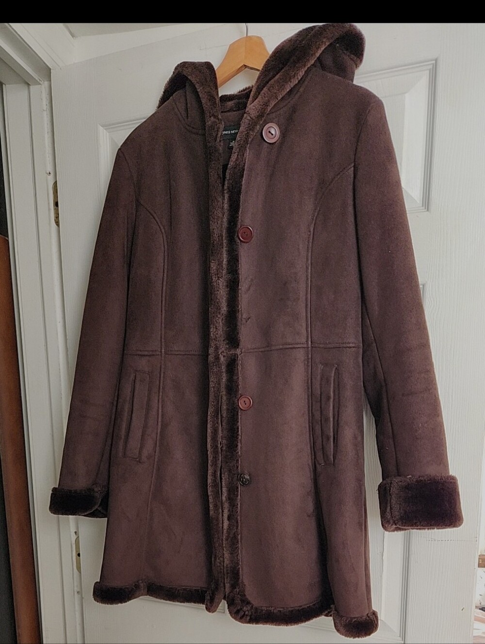 Jones New York Dark Brown Hooded Faux-Shearling Coat